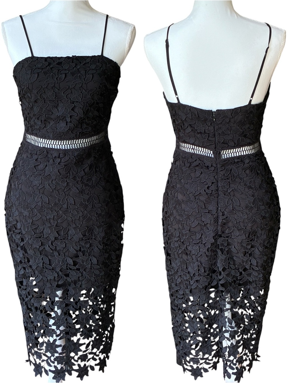 Karina Grimaldi‎ Elegant Black Cut-Out Floral Lace Midi Cocktail/Evening Dress S